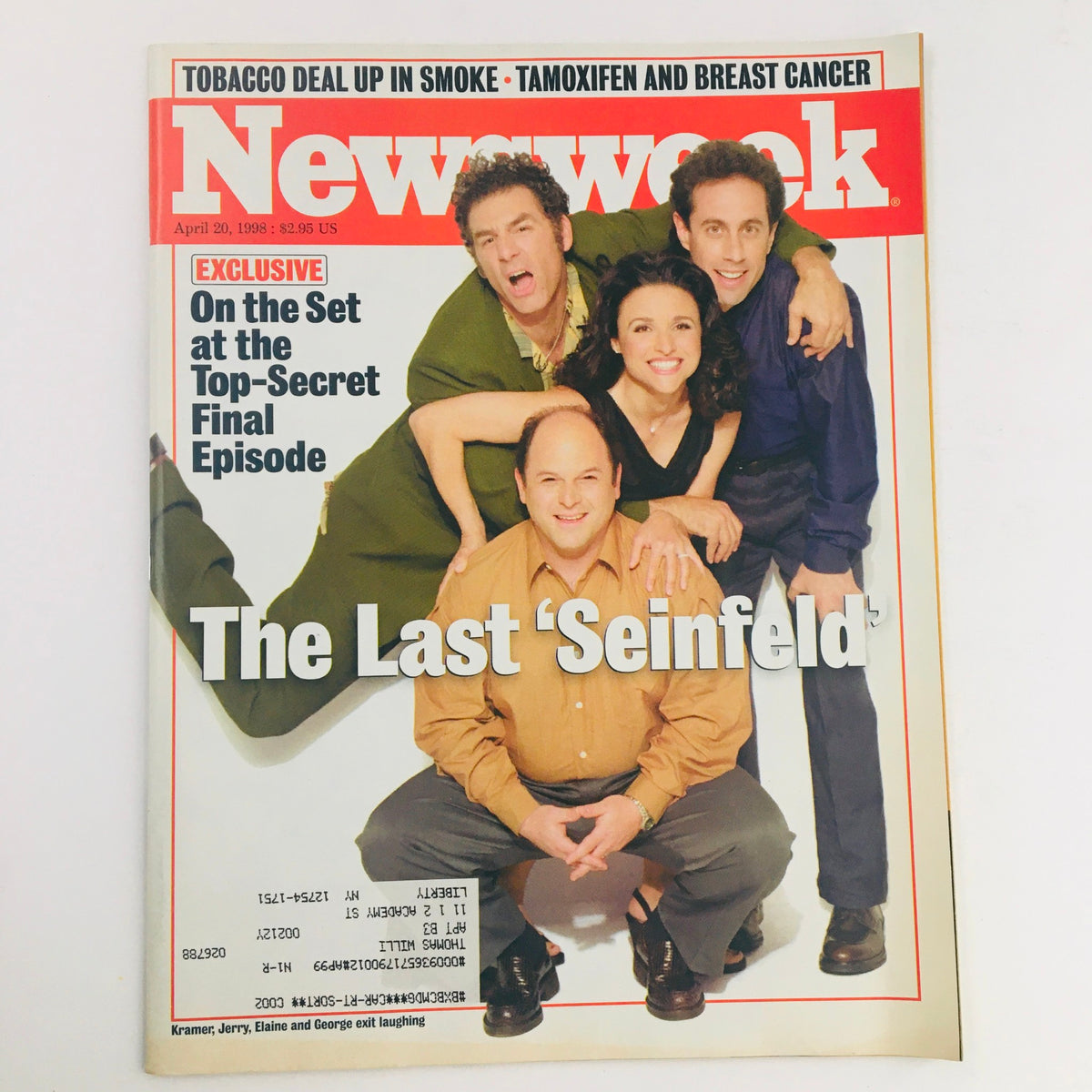 Cover of Newsweek Magazine April 20, 1998 featuring Jerry, Elaine, George, and Kramer from Seinfeld, titled 'The Last Seinfeld'. The magazine highlights the show's final episode with humor and nostalgia.