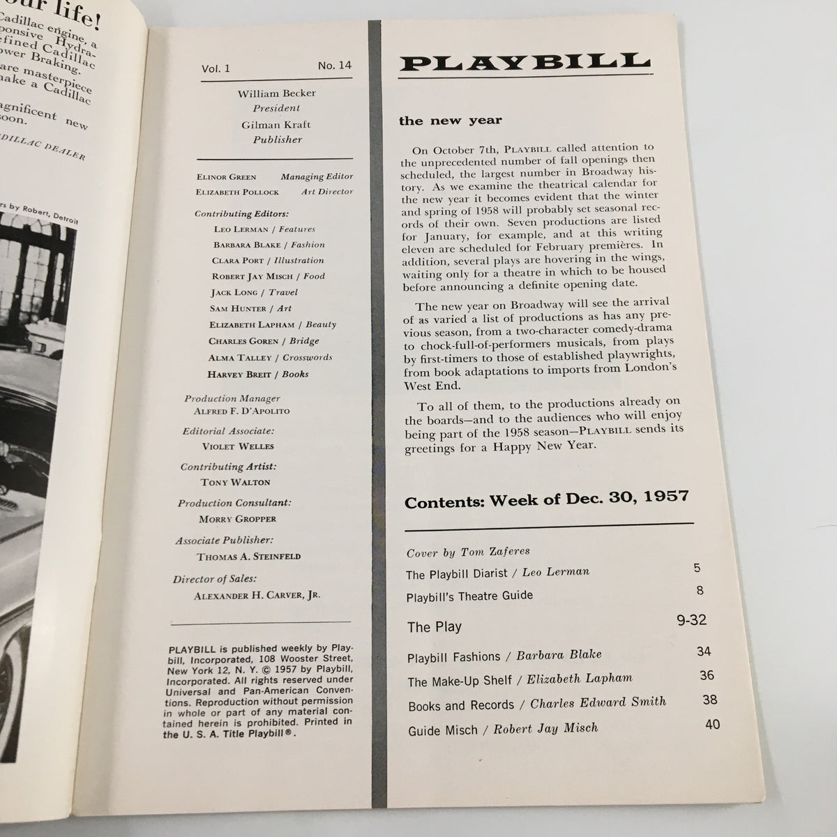 Inside page of the 1957 Playbill for 'Look Homeward, Angel,' showcasing the contents and contributors.