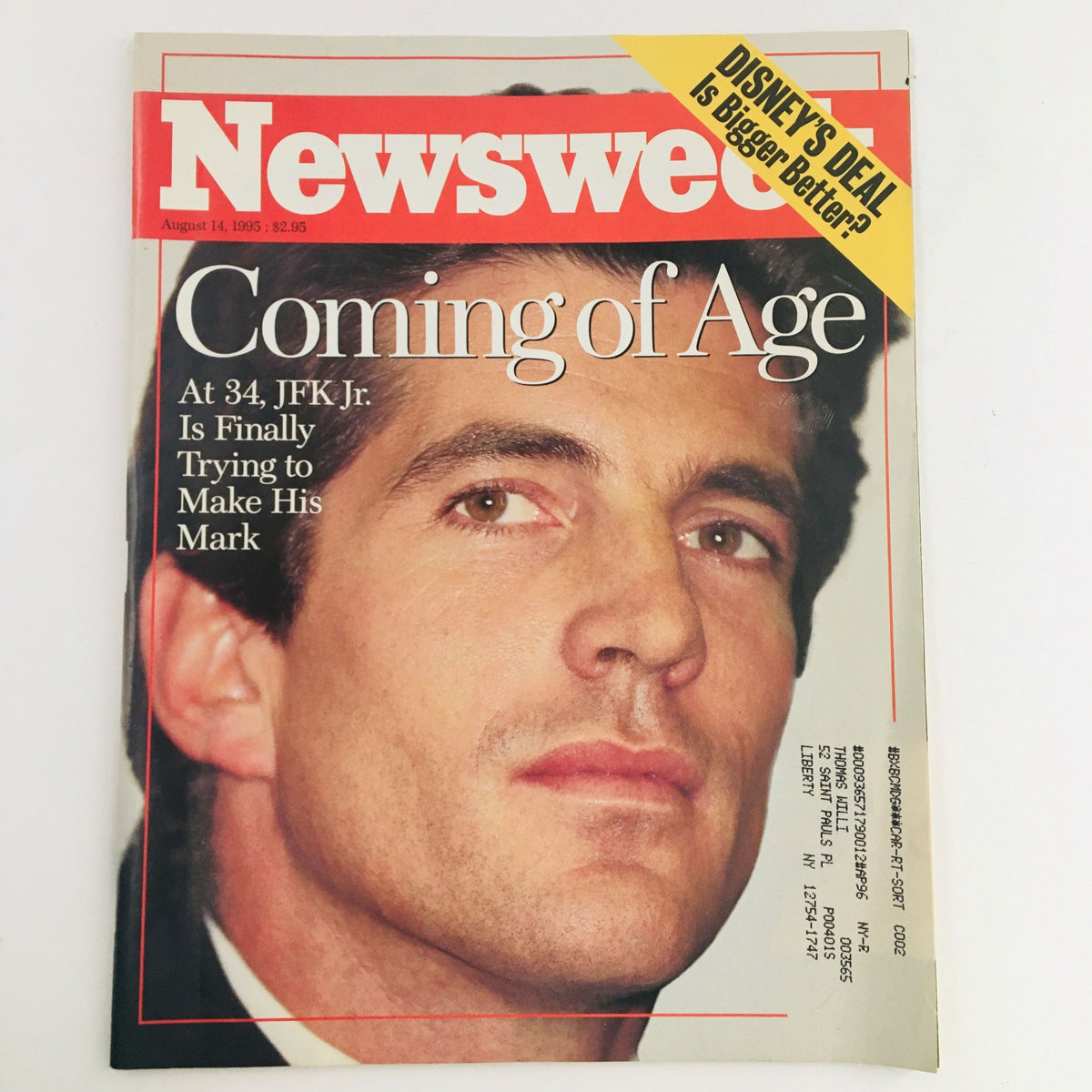 Cover of Newsweek Magazine August 14 1995 featuring John F. Kennedy Jr. with the headline 'Coming of Age'. The magazine provides insights into JFK Jr.'s life and his efforts to make his mark at 34 years old.