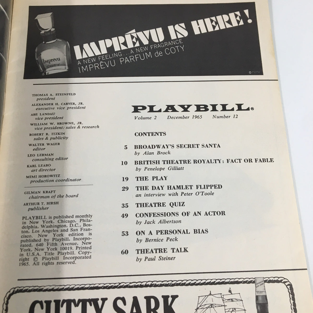 Inside page of the 1965 Playbill for The Impossible Years, displaying contents including articles and features related to the production.