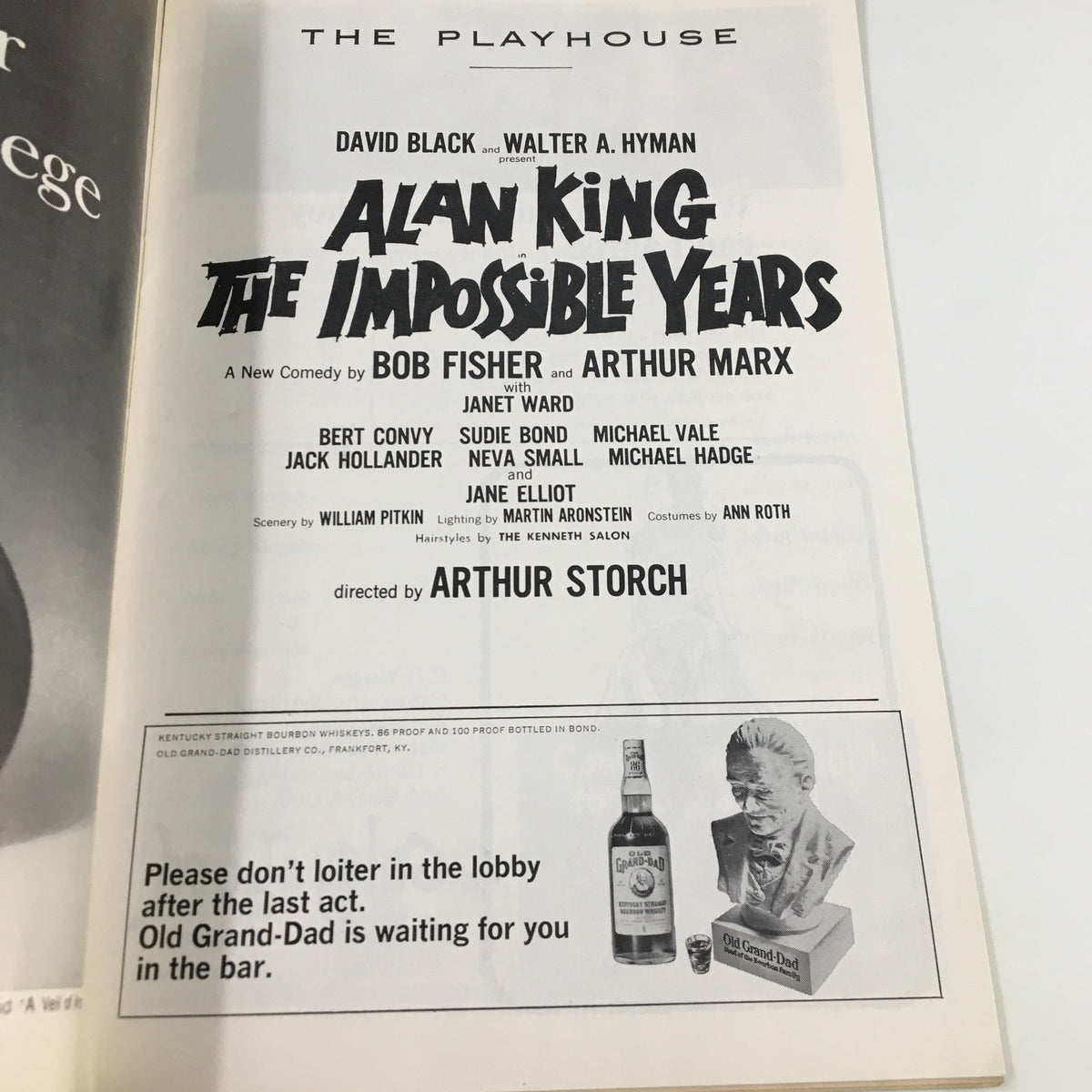 Second inside page of the 1965 Playbill for The Impossible Years, featuring cast and crew details along with promotional content.