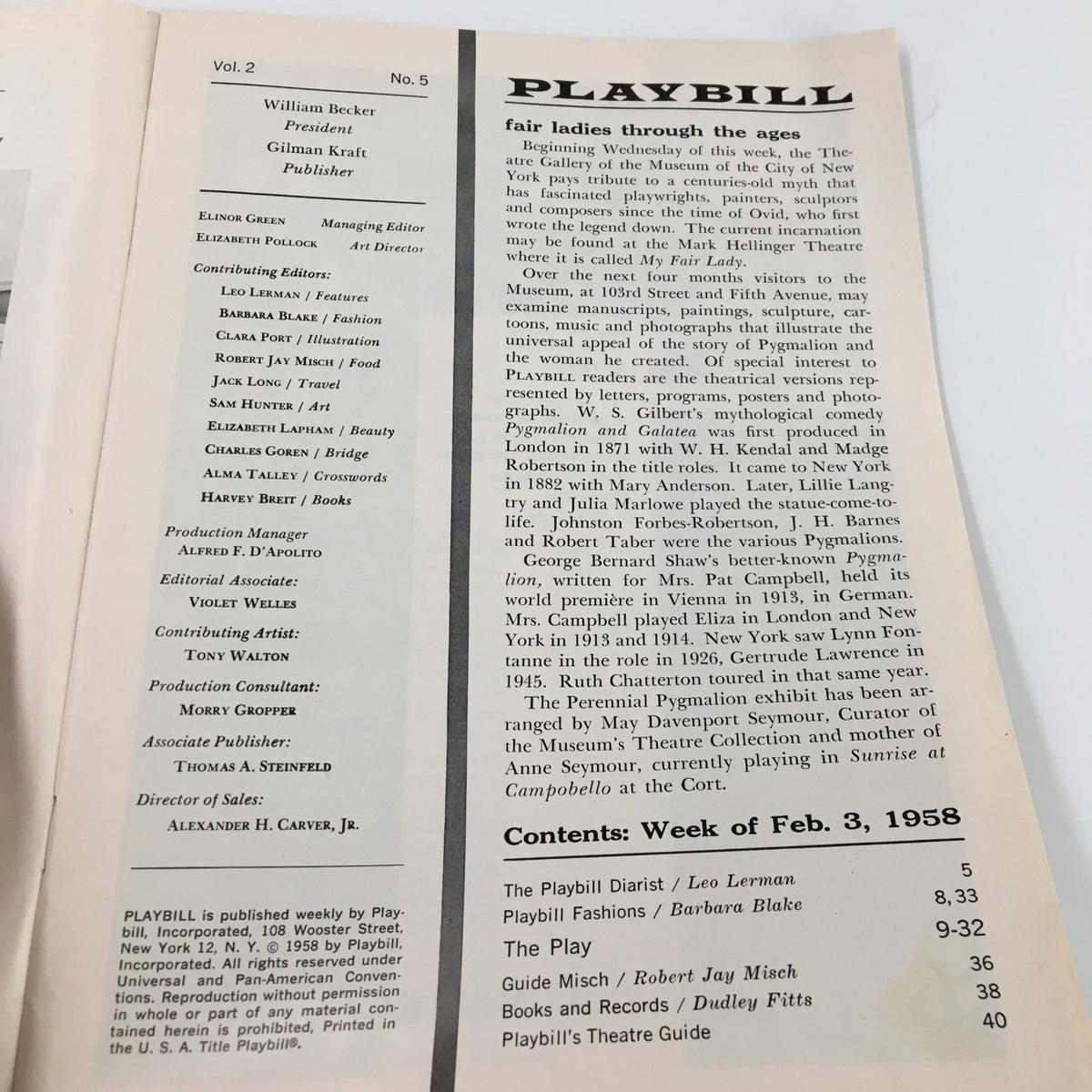 1958 Playbill Corth Theatre featuring contents and editorial section for the play "Sunrise at Campobello" by Dore Schary.