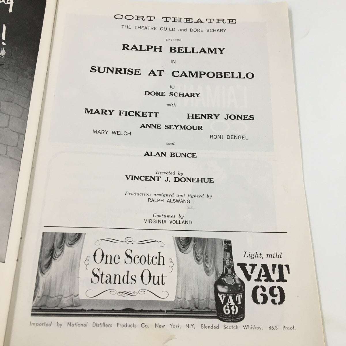 1958 Playbill Corth Theatre highlighting the cast and crew for "Sunrise at Campobello" including Ralph Bellamy, directed by Vincent J. Donehue.