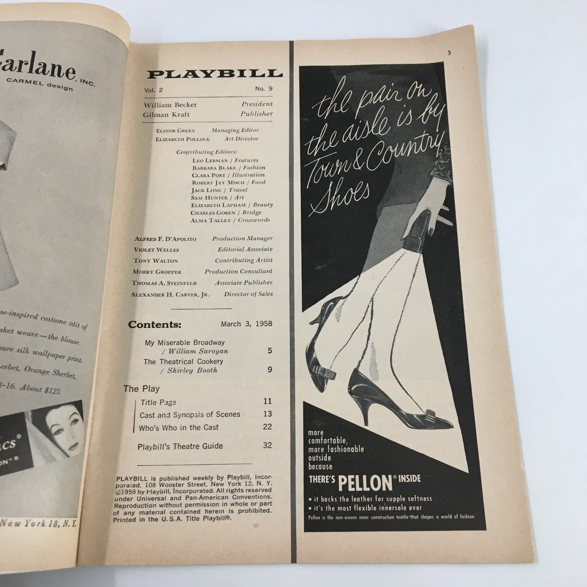 Inside page of the 1958 Playbill Coronet Theatre for The Waltz of The Toreadors, displaying advertisements and editorial content from the era.