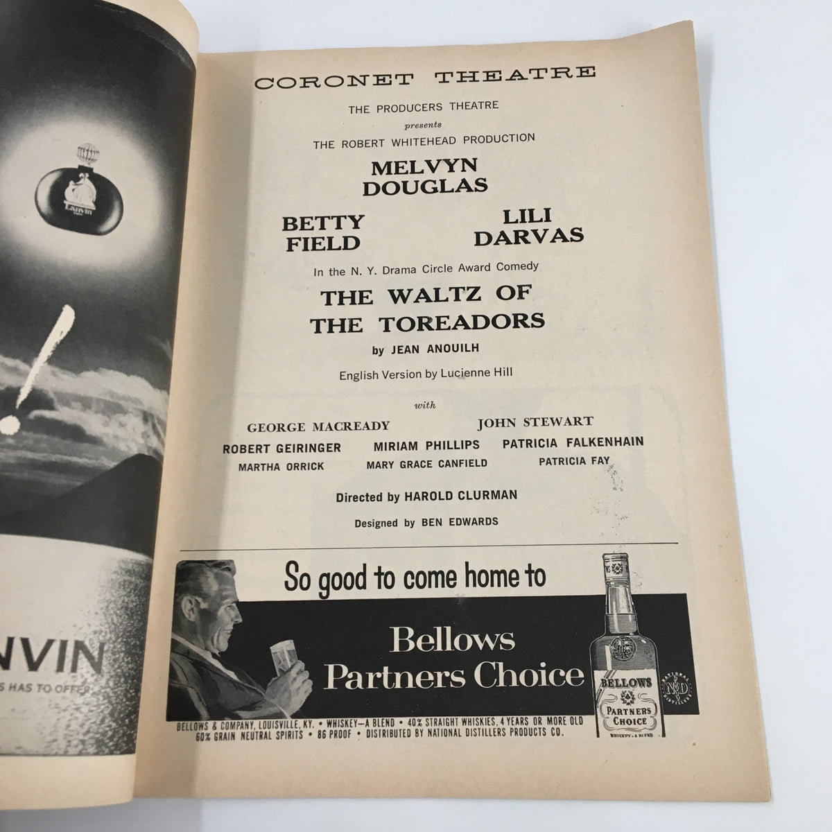 Another inside page of the 1958 Playbill from Coronet Theatre, featuring the cast details for Melvyn Douglas in The Waltz of The Toreadors alongside other notable performers.