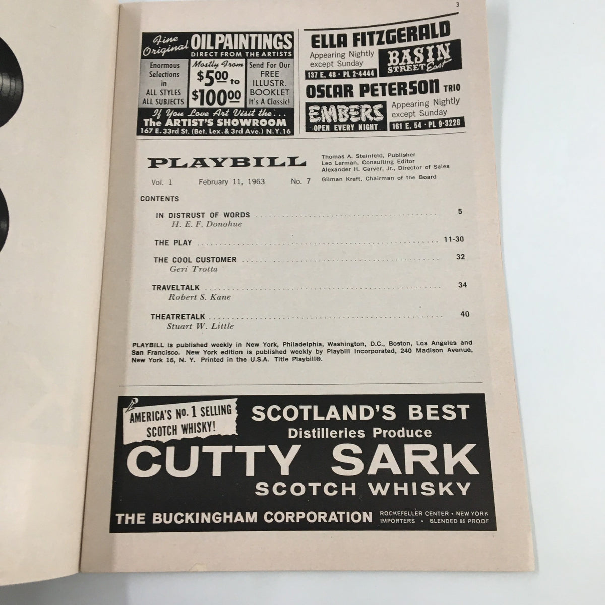 Inside page of the 1963 Playbill Ziegfeld Theatre, listing performances including 'In Distrust of Words' and ads for various sponsors.