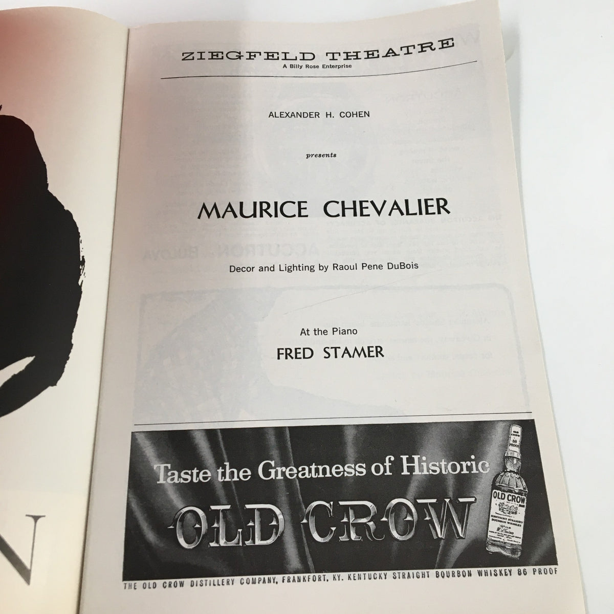 Page from the 1963 Playbill Ziegfeld Theatre presenting Maurice Chevalier, with Fred Stamer at the piano, showcasing theatrical history.