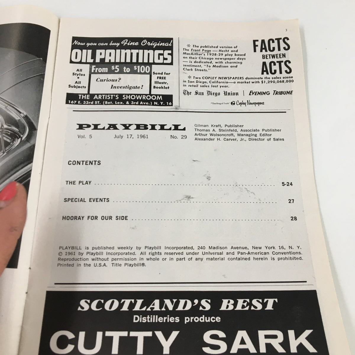 Contents page of the 1961 Playbill featuring Come Blow Your Horn by Neil Simon, detailing sections and advertisements.