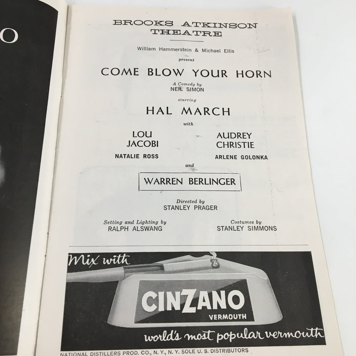 Cast page of the 1961 Playbill for Come Blow Your Horn by Neil Simon, listing key performers including Lou Jacobi and Audrey Christie.