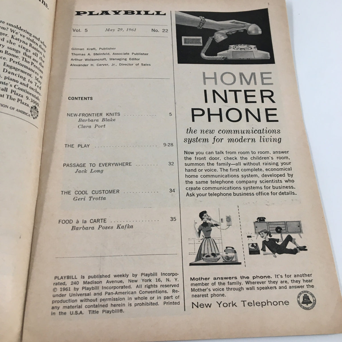 Interior page of the 1961 Playbill for Do Re Mi at St. James Theatre displaying contents and advertisements including New York Telephone.