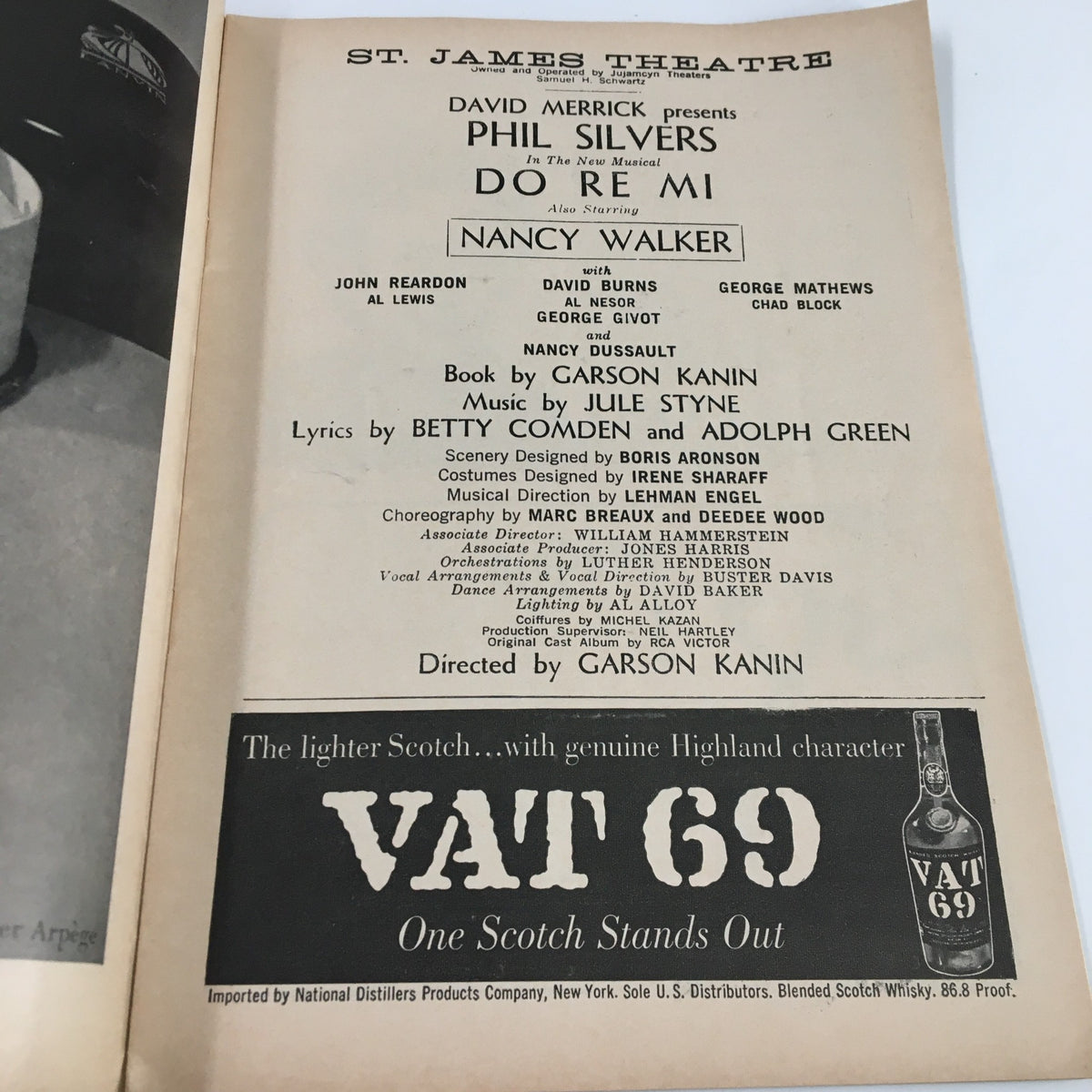Theater credits page from the 1961 Playbill for Do Re Mi at St. James Theatre, detailing cast and production team under the direction of Garson Kanin.