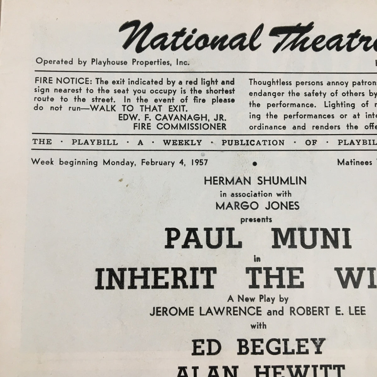 1957 Playbill National Theatre featuring Paul Muni in Inherit The Wind written by Jerome Lawrence, showcasing theatrical history with details of the performance date and cast, ideal for collectors and theater enthusiasts.