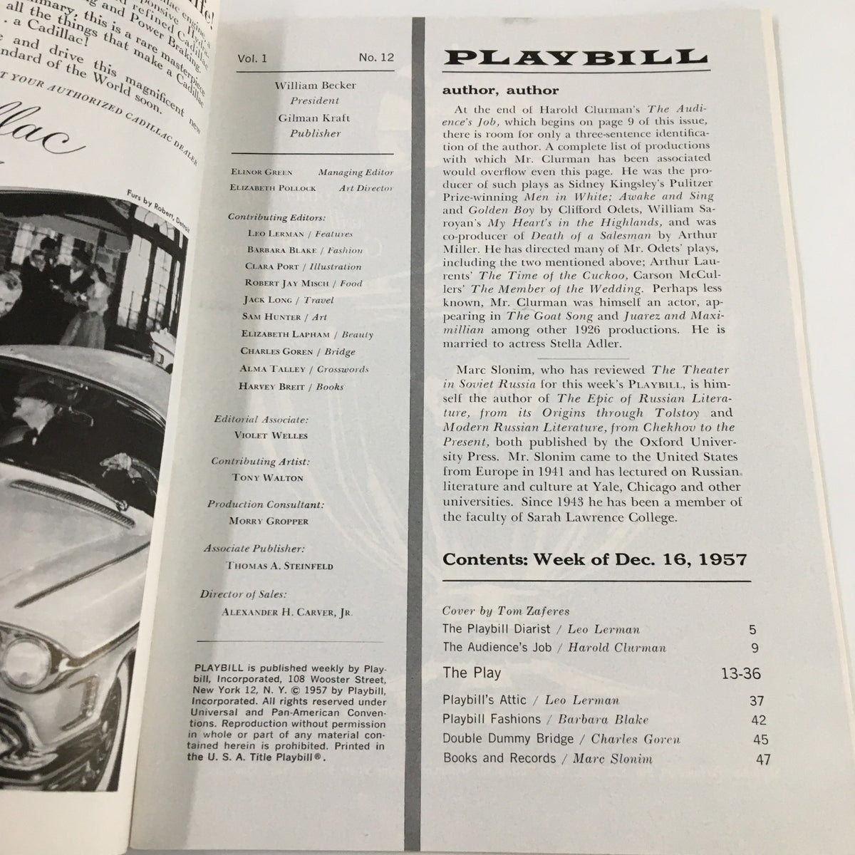 Interior page of the 1957 Playbill Longacre Theatre, featuring content details and illustrations related to the performance of Fair Game.