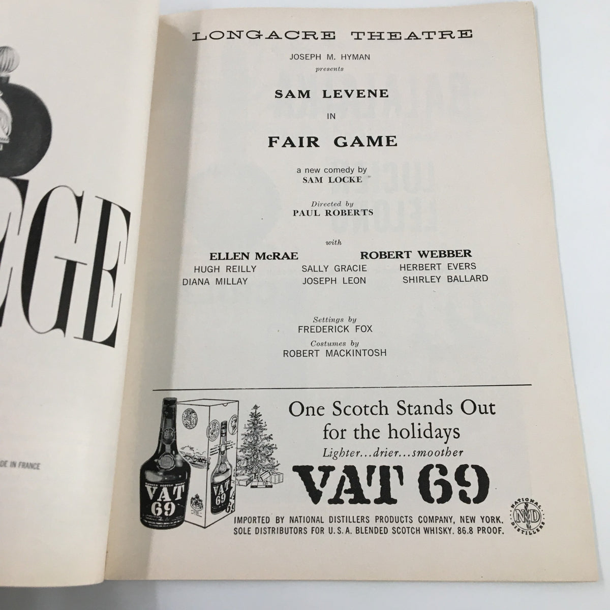 Page from the 1957 Playbill highlighting Sam Levene's role in Fair Game at Longacre Theatre, including cast and crew credits.