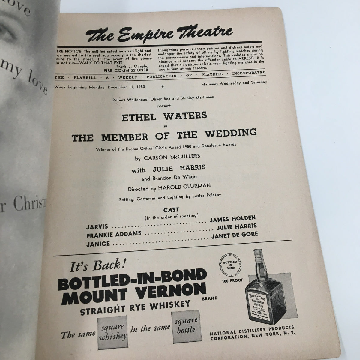 1950 Playbill for The Empire Theatre, inside view featuring details of Ethel Waters starring in The Member of the Wedding, including cast information and a vintage advertisement.