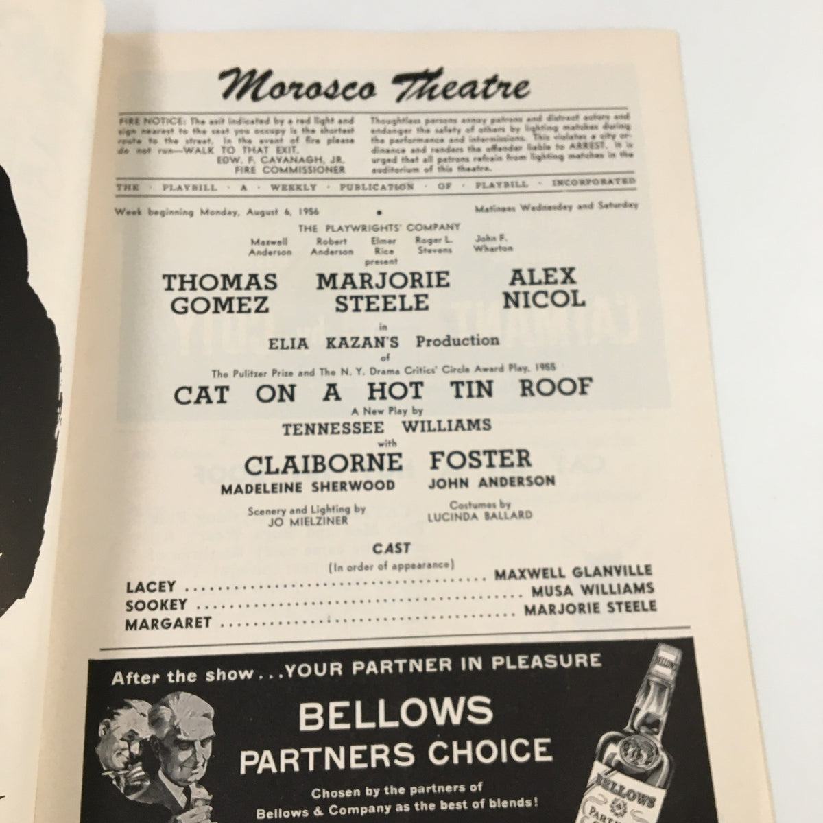 Interior page of the 1956 Playbill for 'Cat On A Hot Tin Roof' at Morosco Theatre listing cast and production details.