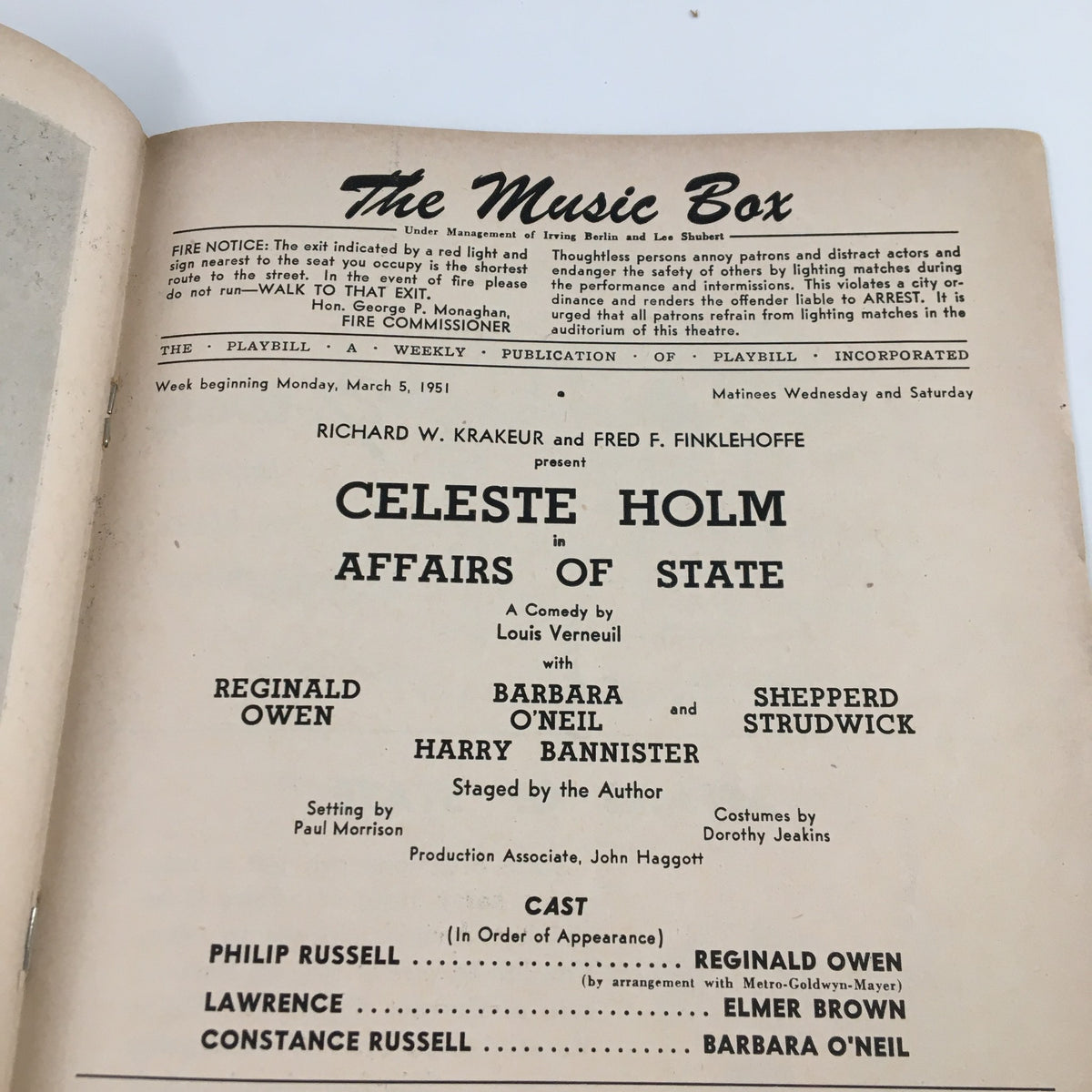 Interior page of the 1951 Playbill for The Music Box featuring Celeste Holm in Affairs of State by Louis Verneuil, listing cast details and production information.
