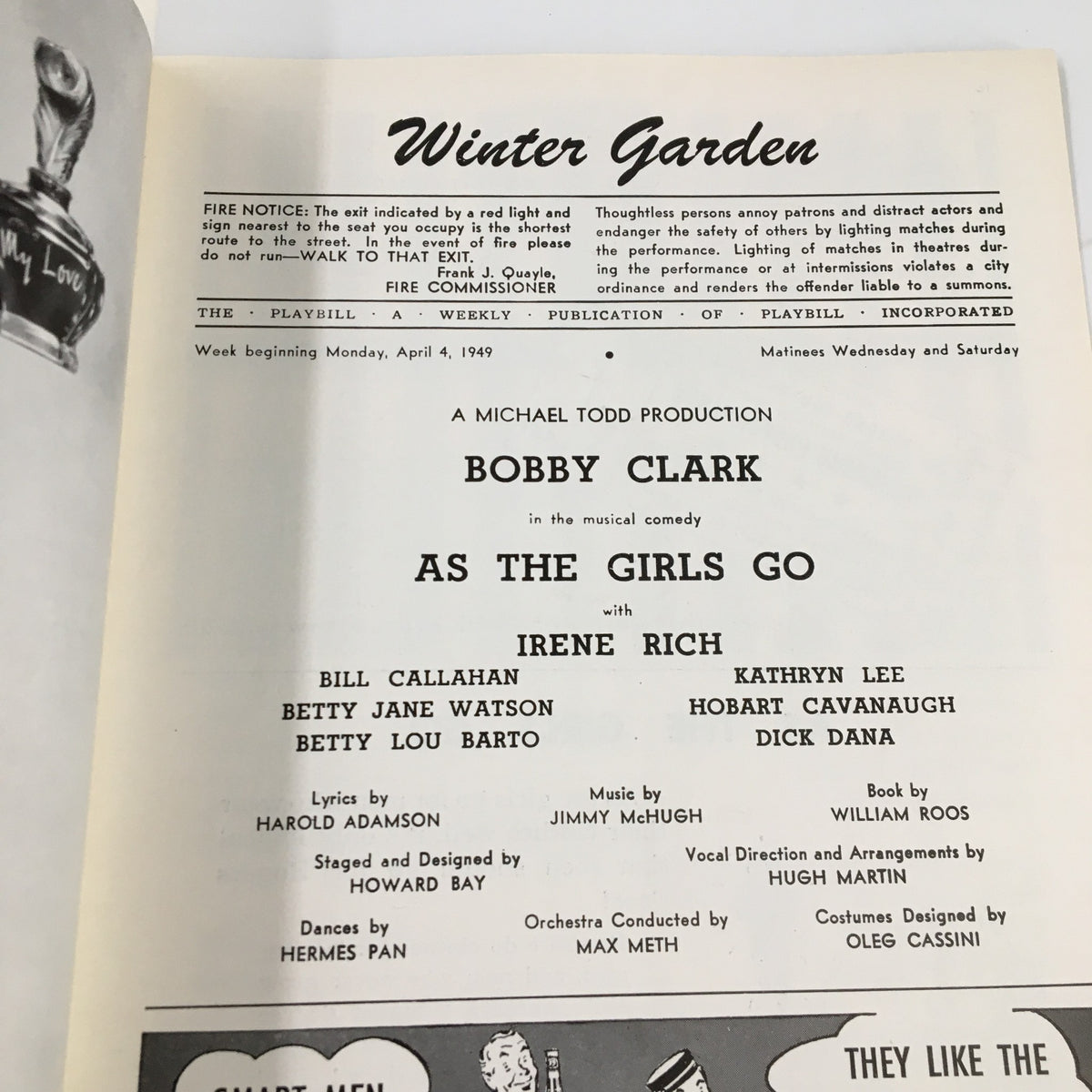 Interior page of the 1949 Playbill for the Winter Garden, detailing the production of As The Girls Go starring Bobby Clark and Irene Rich.