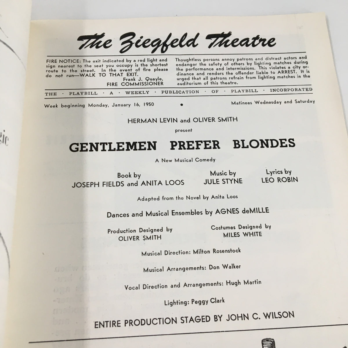 Interior page of the 1950 Playbill for 'Gentlemen Prefer Blondes' showcasing production details, cast information, and the Ziegfeld Theatre header.