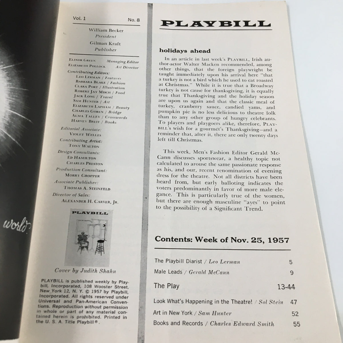 Contents page of the 1957 Playbill, highlighting various sections and features, including articles and listings related to theater from that era.