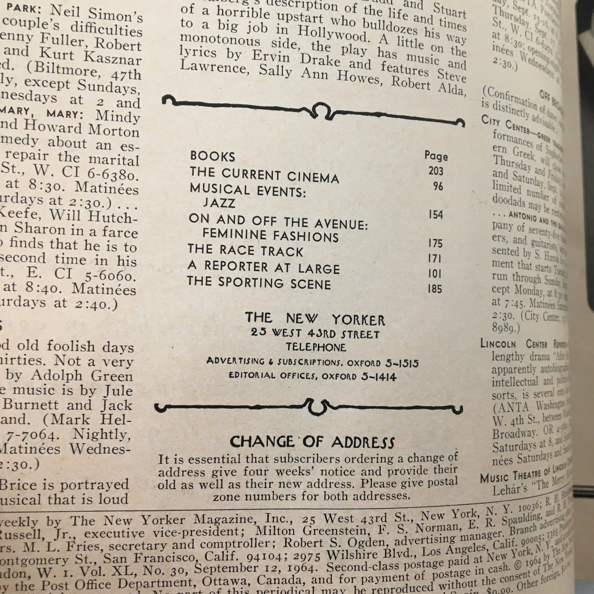 Detailed interior page of The New Yorker Magazine from September 12, 1964, featuring a table of contents and advertisements, highlighting the magazine's cultural offerings and historical context.