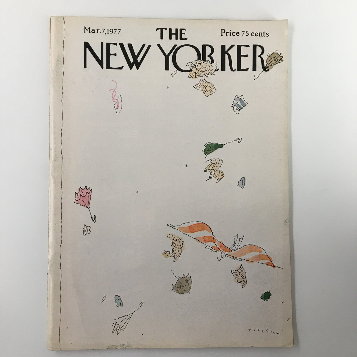 Cover of The New Yorker Magazine March 7 1977, featuring the illustration 'Windy Weather' by R. O. Blechman, depicting leaves and a ribbon in a whimsical style.