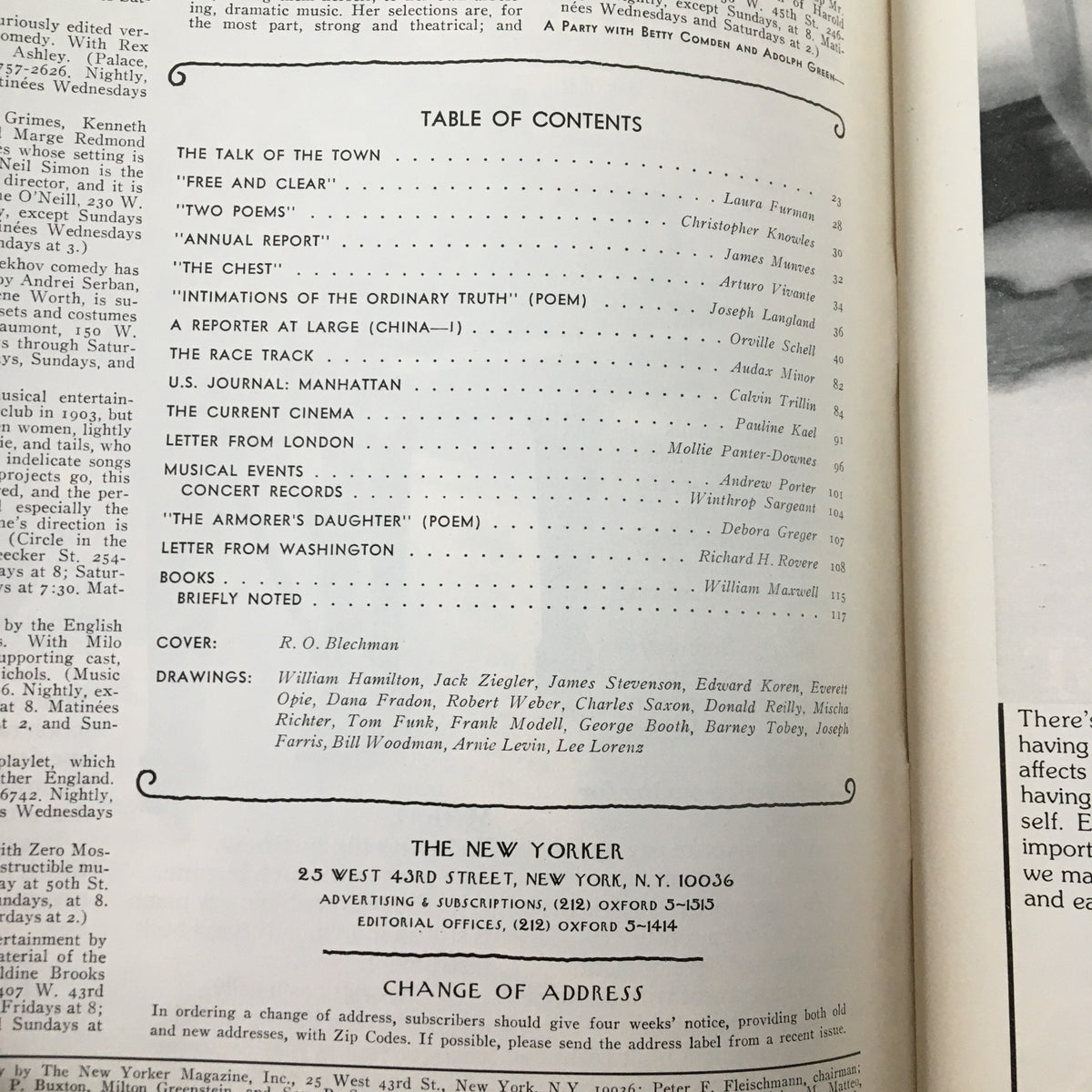 Table of contents page from The New Yorker Magazine March 7 1977, highlighting contributions and articles, with cover art by R. O. Blechman noted.