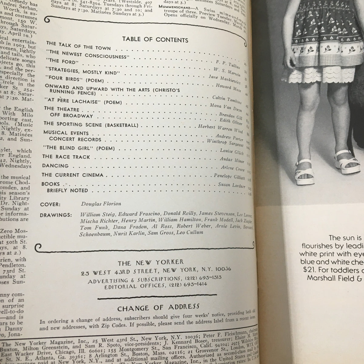 Table of contents from The New Yorker Magazine March 28 1977 featuring articles and poems including 'Fight and Defense' by Douglas Florian, showcasing the layout and structure of the magazine.
