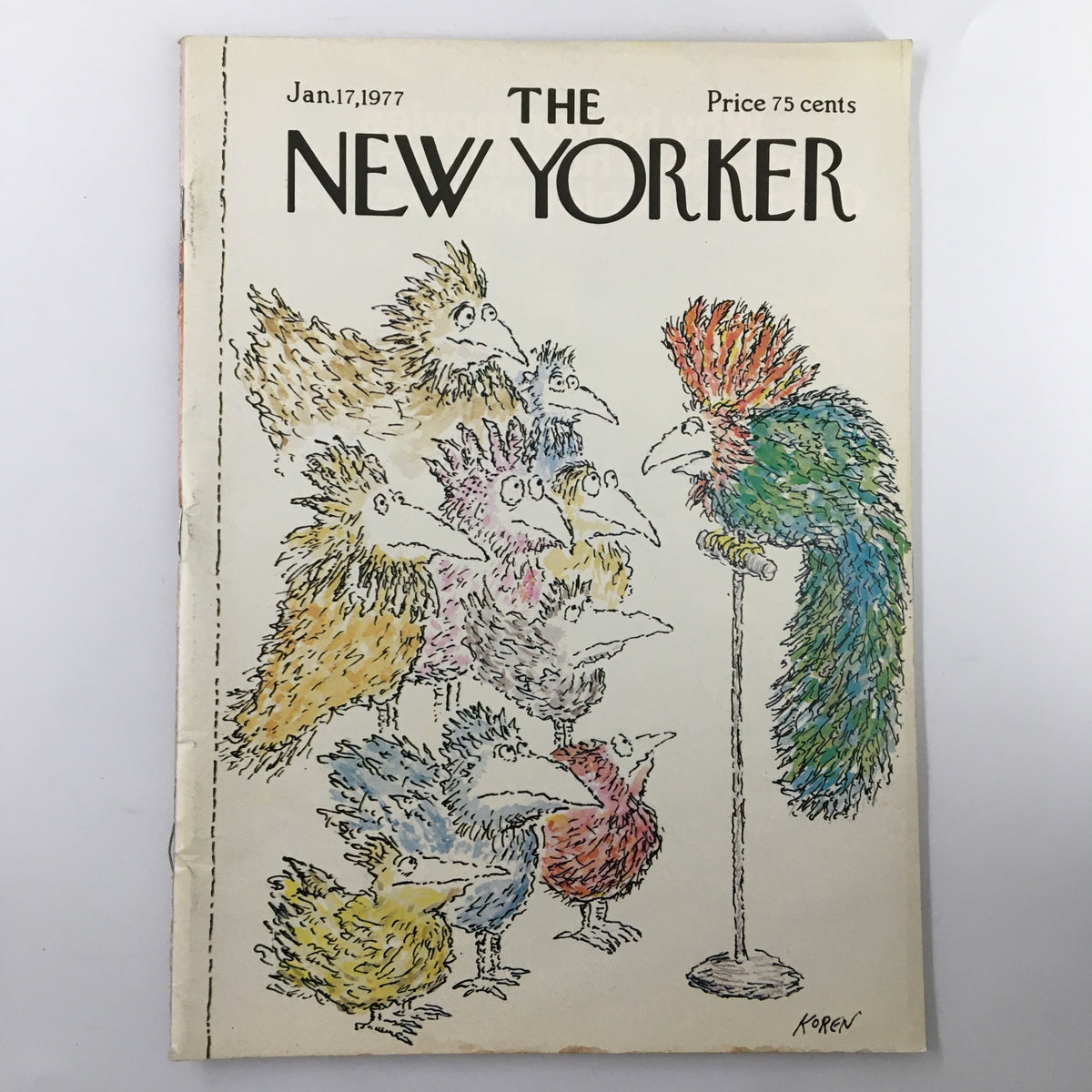 Cover of The New Yorker Magazine January 17 1977 featuring colorful cartoon birds illustration by Edward Koren.
