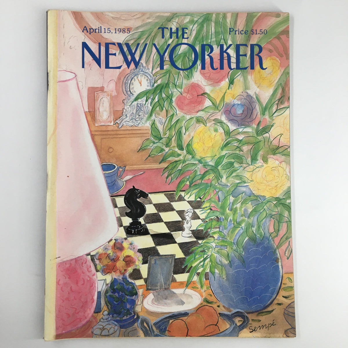 Cover of The New Yorker Magazine April 15, 1985, featuring a colorful illustration by Jean-Jacques Sempe depicting a chess game with floral accents and a vintage setting.