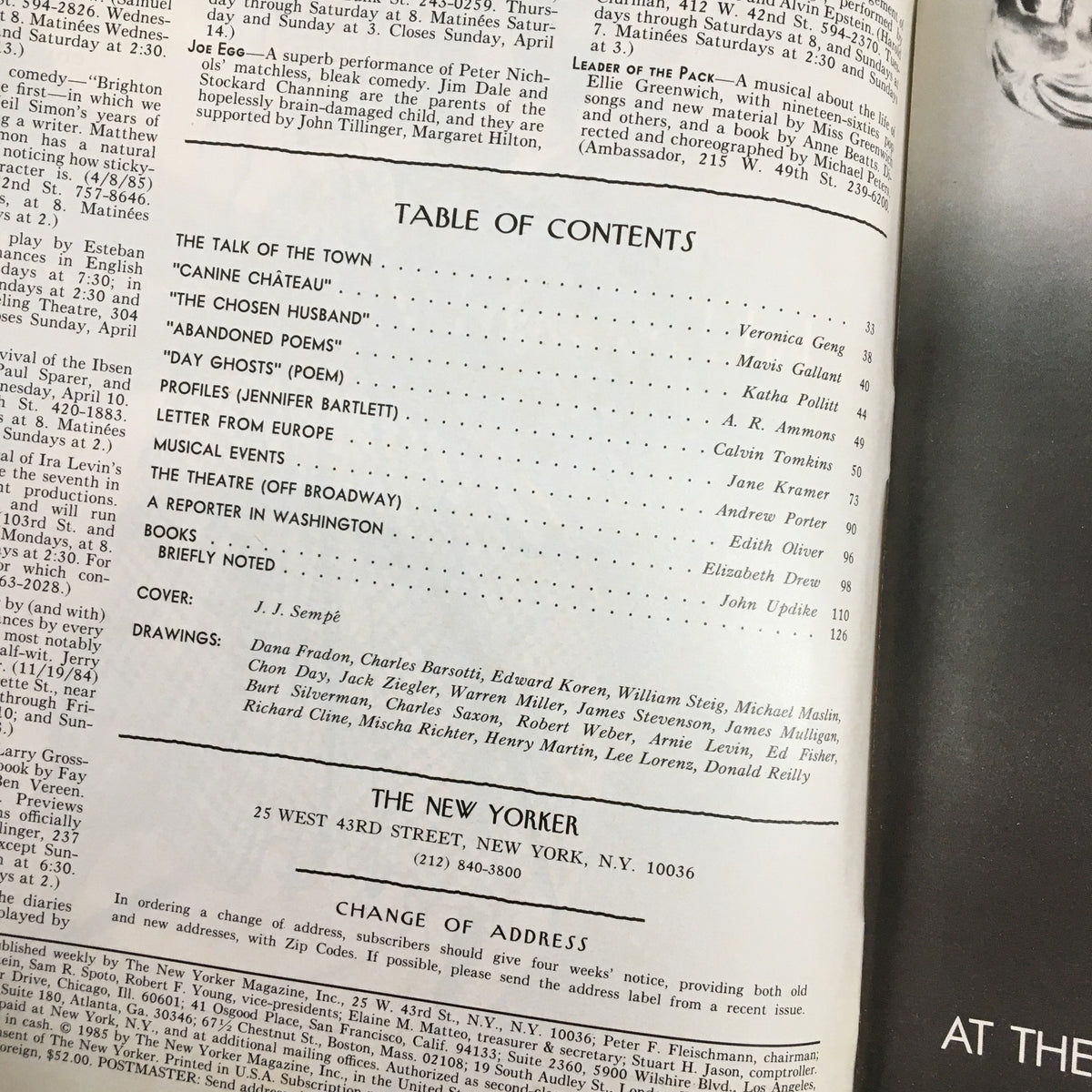 Table of Contents from The New Yorker Magazine April 15, 1985, listing articles and drawings, including a cover illustration by J.J. Sempe.