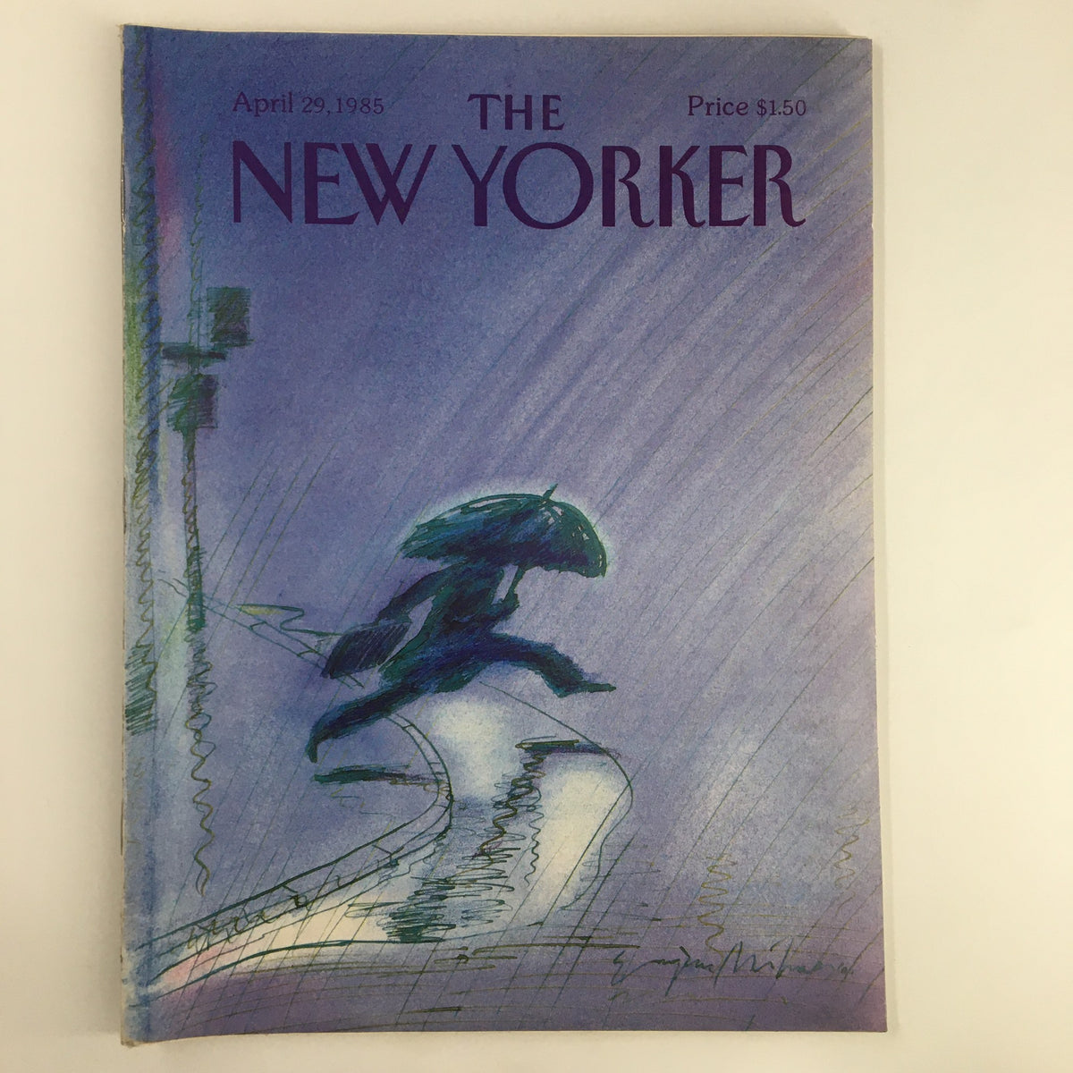 Cover of The New Yorker Magazine, April 29, 1985, featuring the artwork 'Raining' by Eugene Mihaesco, showcasing a figure with an umbrella in the rain.