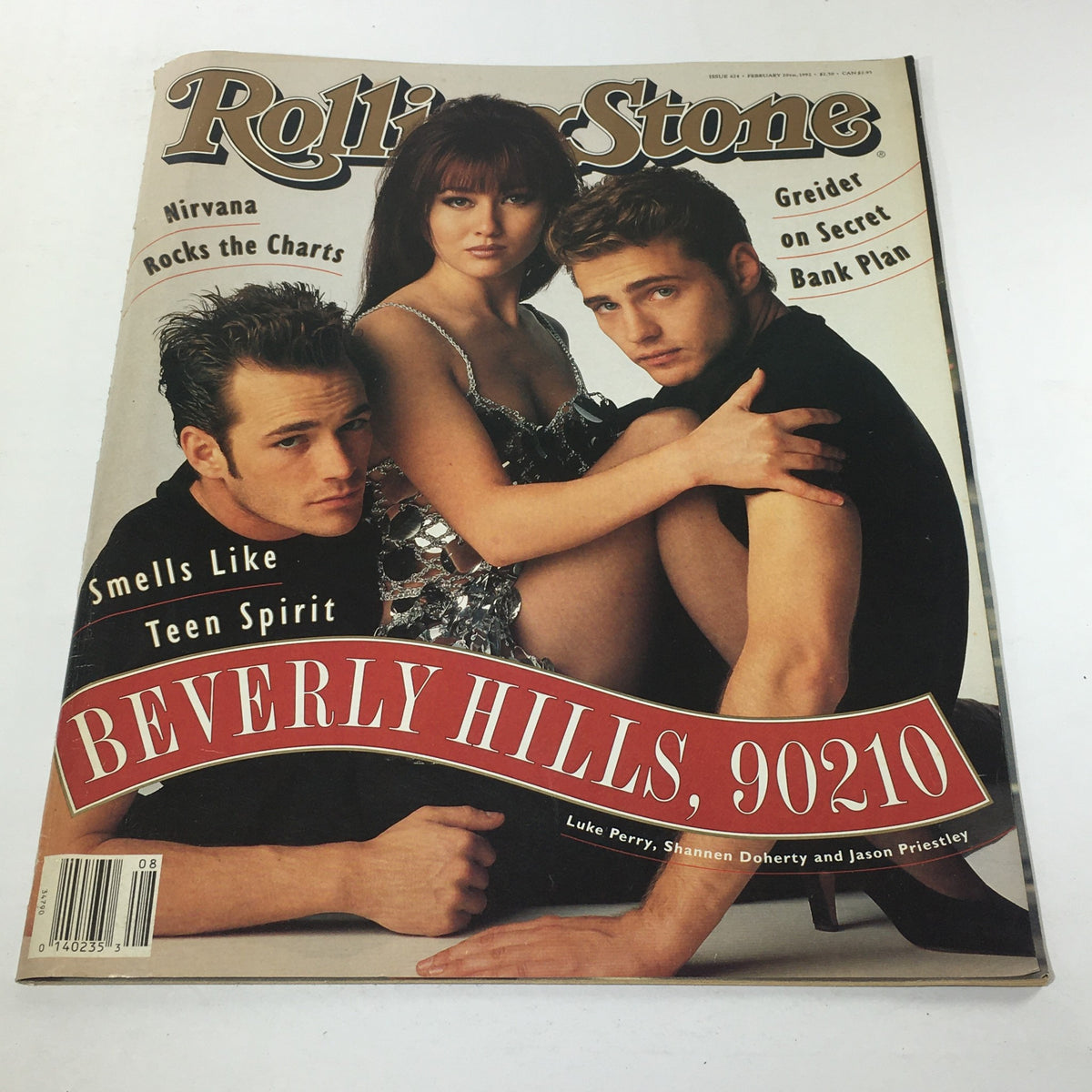 VTG Rolling Stone February 20 1992 featuring Luke Perry, Shannen Doherty, and Jason Priestly on the cover, promoting Beverly Hills, 90210.