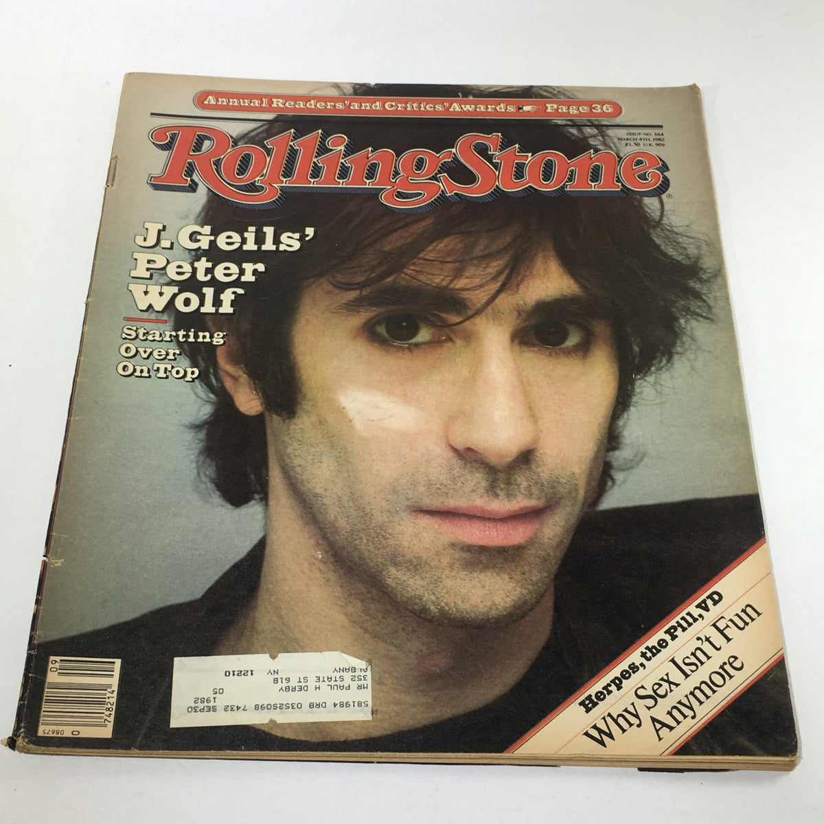 Cover of Rolling Stone Magazine dated March 4, 1982, featuring J. Geils Band's Peter Wolf, showcasing the iconic style of early '80s rock music.