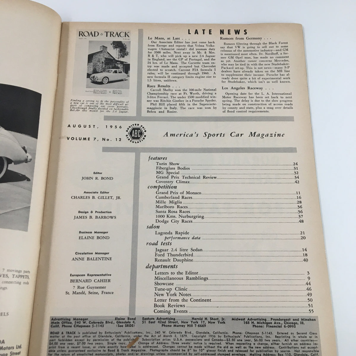 Interior page of VTG Road & Track Magazine August 1956 featuring editorial details and a list of articles including road tests of the Jaguar 2.4 Sedan and Ford Thunderbird.