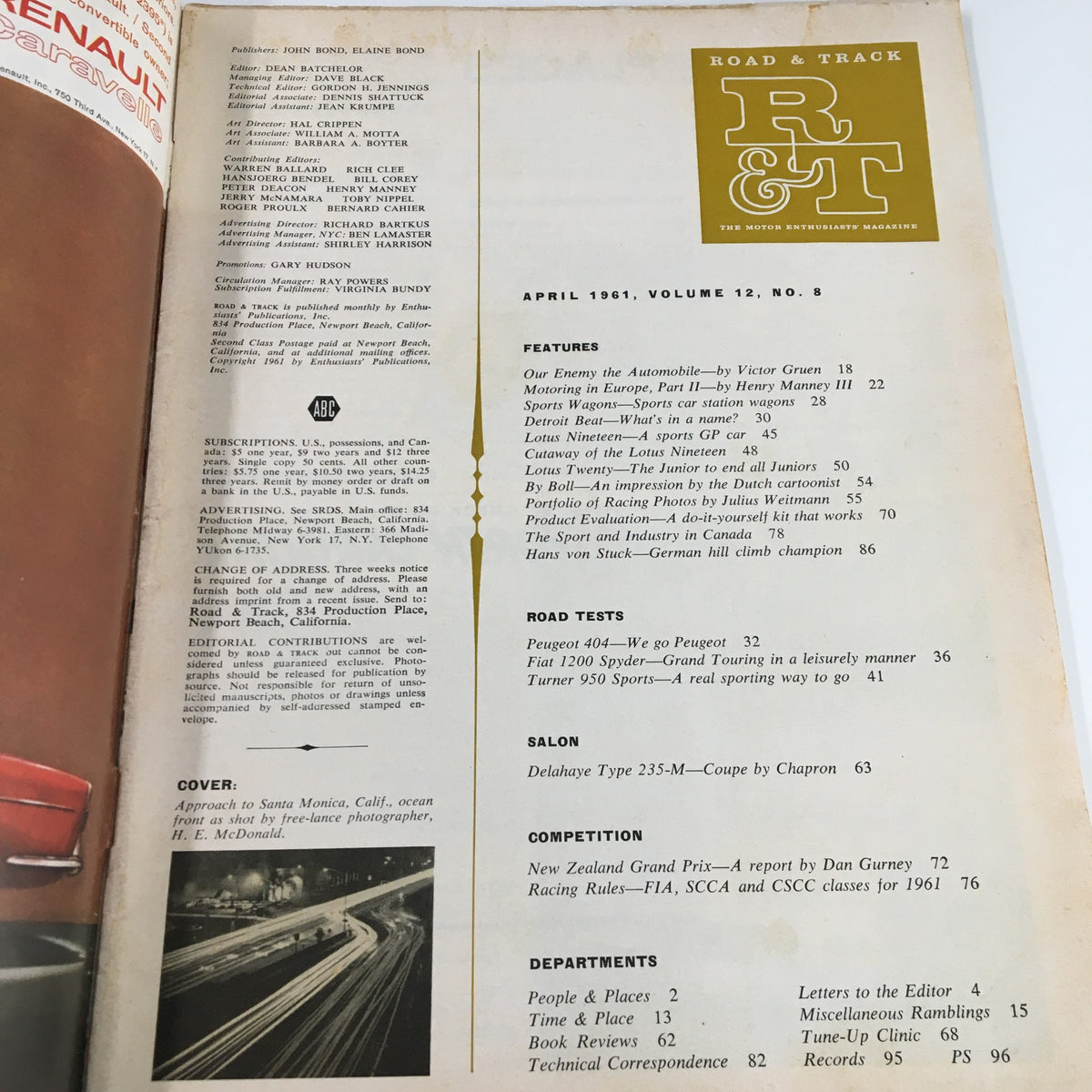 Interior page of VTG Road & Track Magazine April 1961, displaying the table of contents featuring articles and features including 'Our Enemy The Automobile' and various automotive topics relevant to 1961 car enthusiasts.