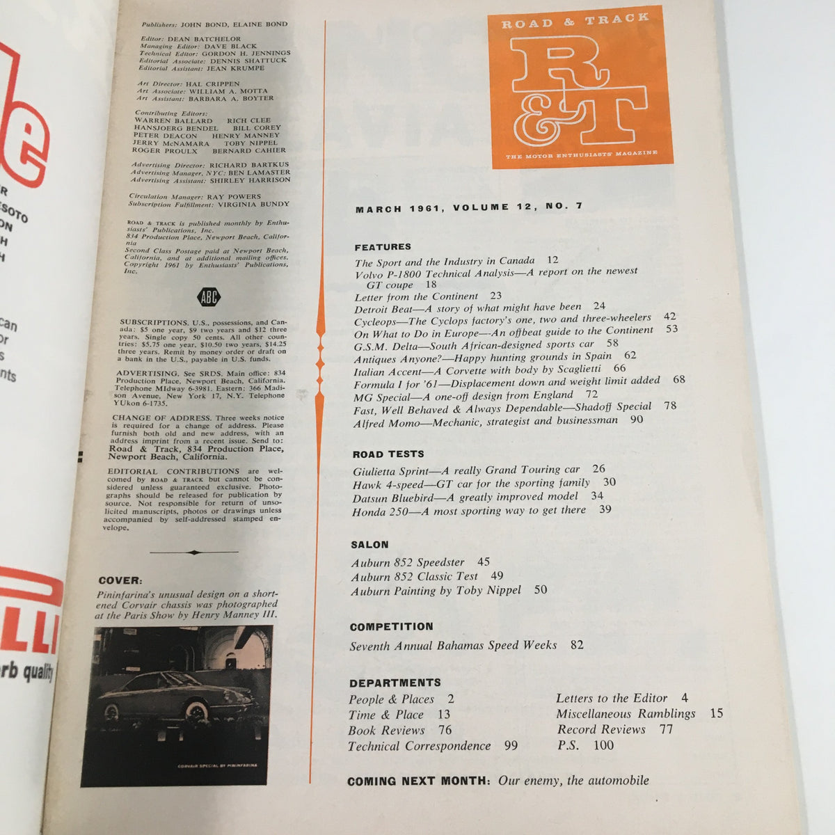 Inside page of VTG Road & Track Magazine March 1961 displaying the table of contents, highlighting features and articles related to automotive innovations.