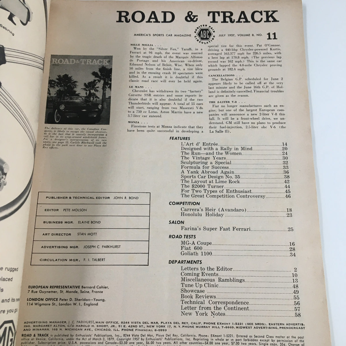 Vintage Road & Track Magazine July 1957 The Canadian Conquest from Canada No Label