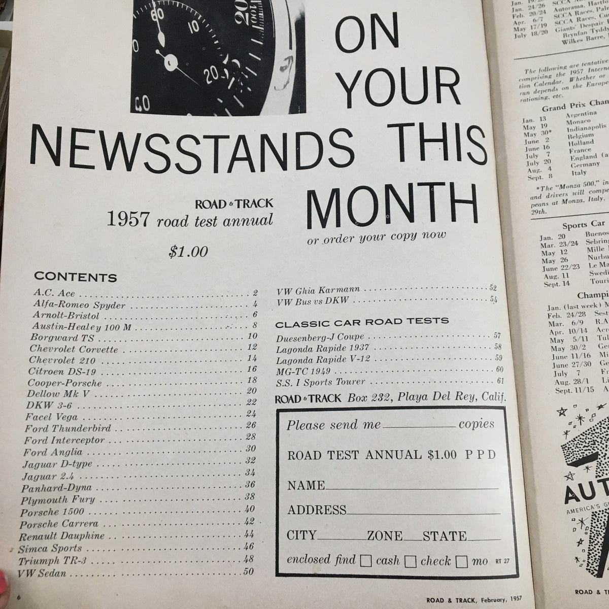 Inside page of VTG Road & Track Magazine February 1957 displaying contents and features, emphasizing the magazine's focus on classic cars including the Salon Car Model 'A' Ford.