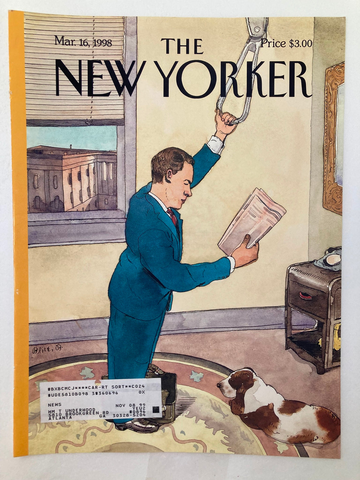 COVER ONLY The New Yorker March 16 1998 Reading Newspaper, illustrated by Barry Blitt, featuring a man reading a newspaper while a dog rests on the floor. A depiction of cultural history and artistic expression.
