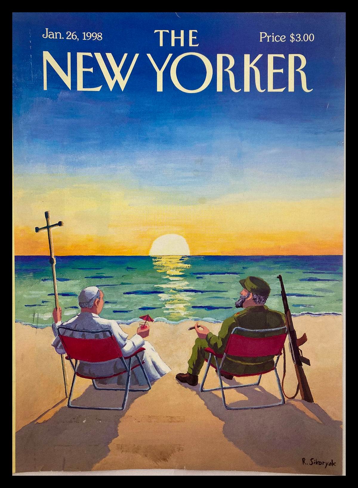 Cover of The New Yorker dated January 26, 1998, featuring an illustration by Robert Sikoryak of Pope John Paul II and Fidel Castro sitting on a beach at sunset.