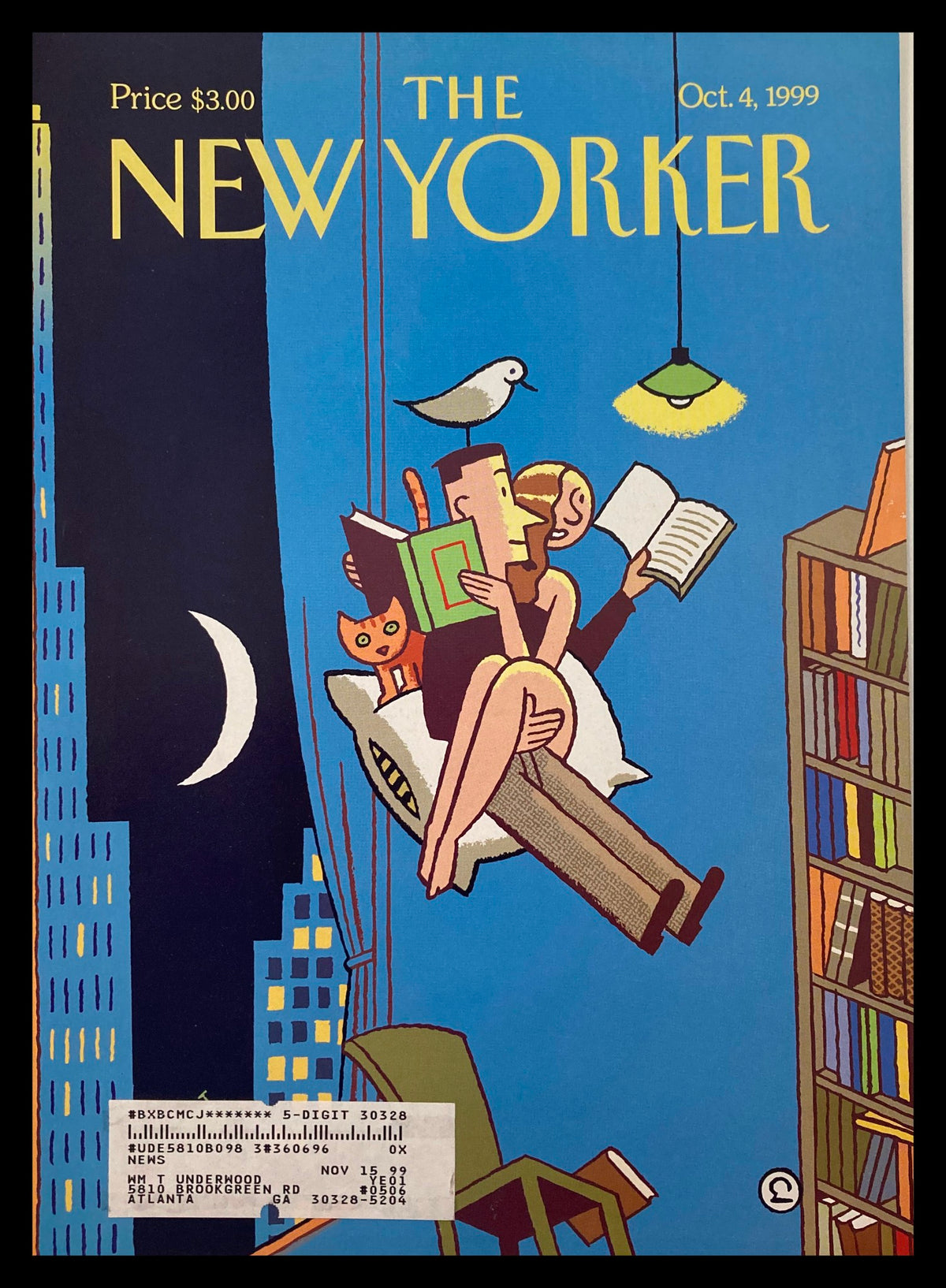 Cover of The New Yorker from October 4, 1999, featuring whimsical illustration of a couple reading with a cat and a bird, themed "The Unbearable Lightness of Reading."