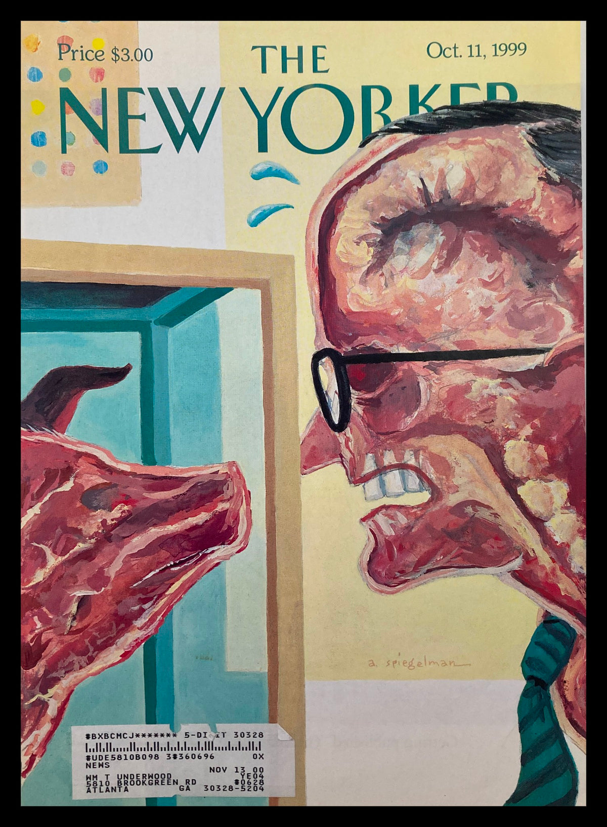Cover of The New Yorker dated October 11, 1999, titled 'Open-Minded Mayor' illustrated by Art Spiegelman, featuring a dramatic scene between a man with glasses and a dog in a mirror.