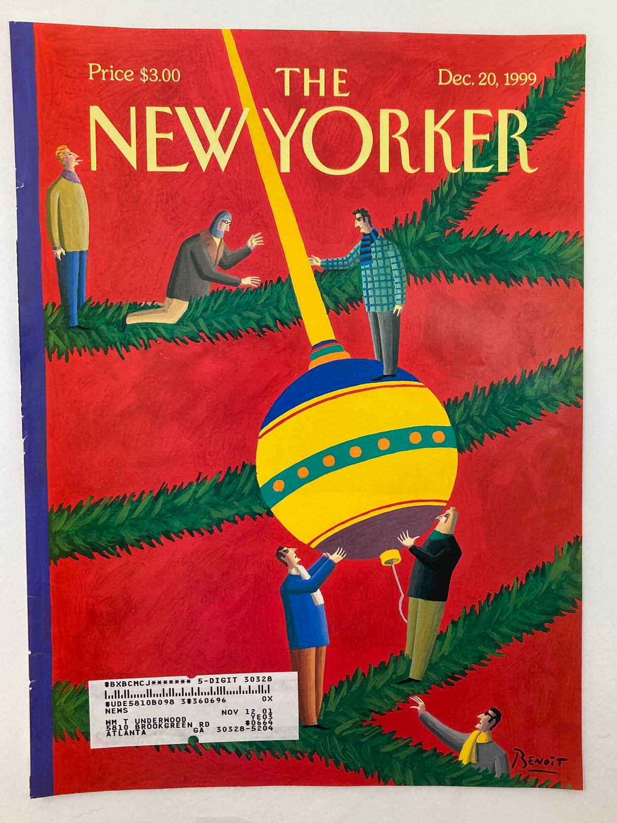 The New Yorker cover from December 20, 1999, showcasing an artistic installation by Benoit van Innis, with a colorful ornament and figures among Christmas tree branches.