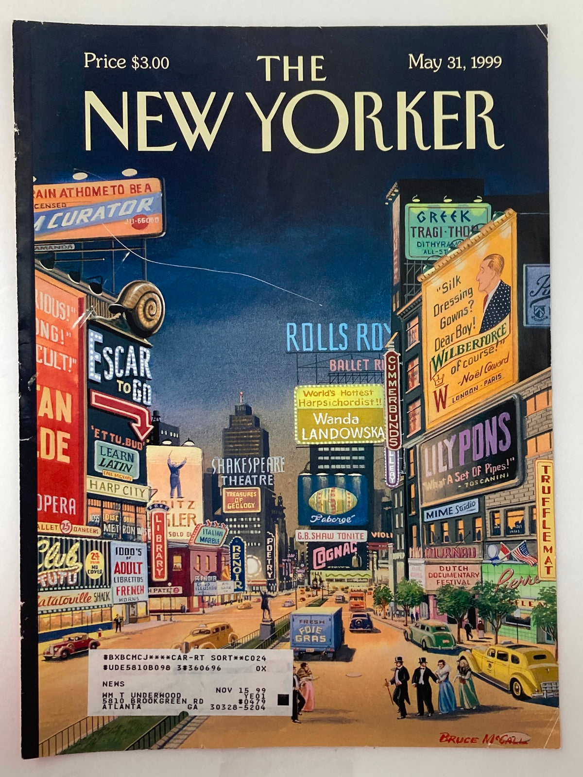 Cover of The New Yorker dated May 31, 1999, titled 'Lose Times Square' illustrated by Bruce McCall, featuring vibrant advertisements and iconic landmarks of Times Square, showcasing the cultural essence of New York City in the late 90s.