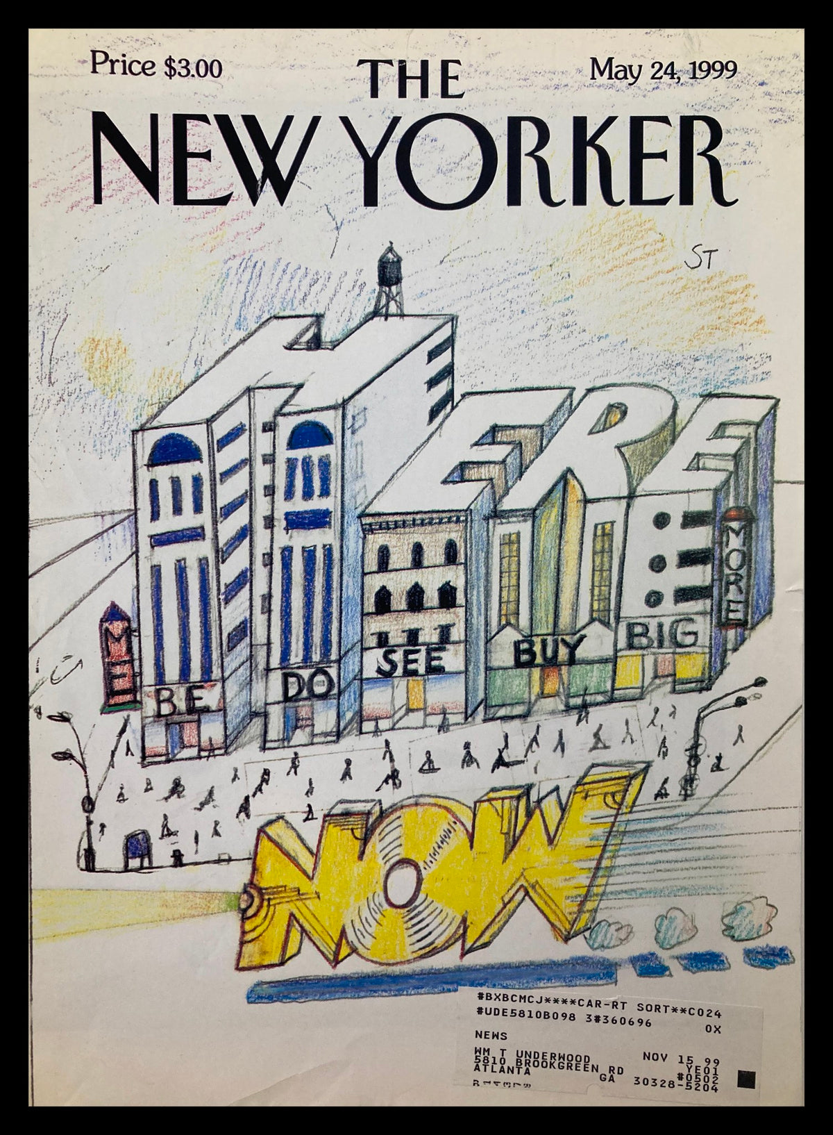 The New Yorker May 24, 1999 cover featuring the illustration "Here Now" by Saul Steinberg, depicting playful cityscape with colorful buildings and the text "HERE" and "NOW" prominently displayed.