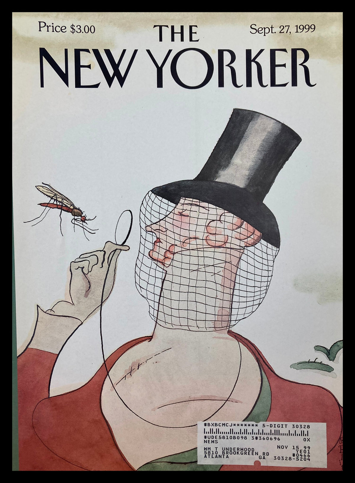 COVER ONLY The New Yorker September 27 1999 featuring artwork by Barry Blitt, showcasing a whimsical illustration of a man with a top hat and a protective netting, interacting with a mosquito. This vintage magazine cover represents cultural commentary from the late 1990s.