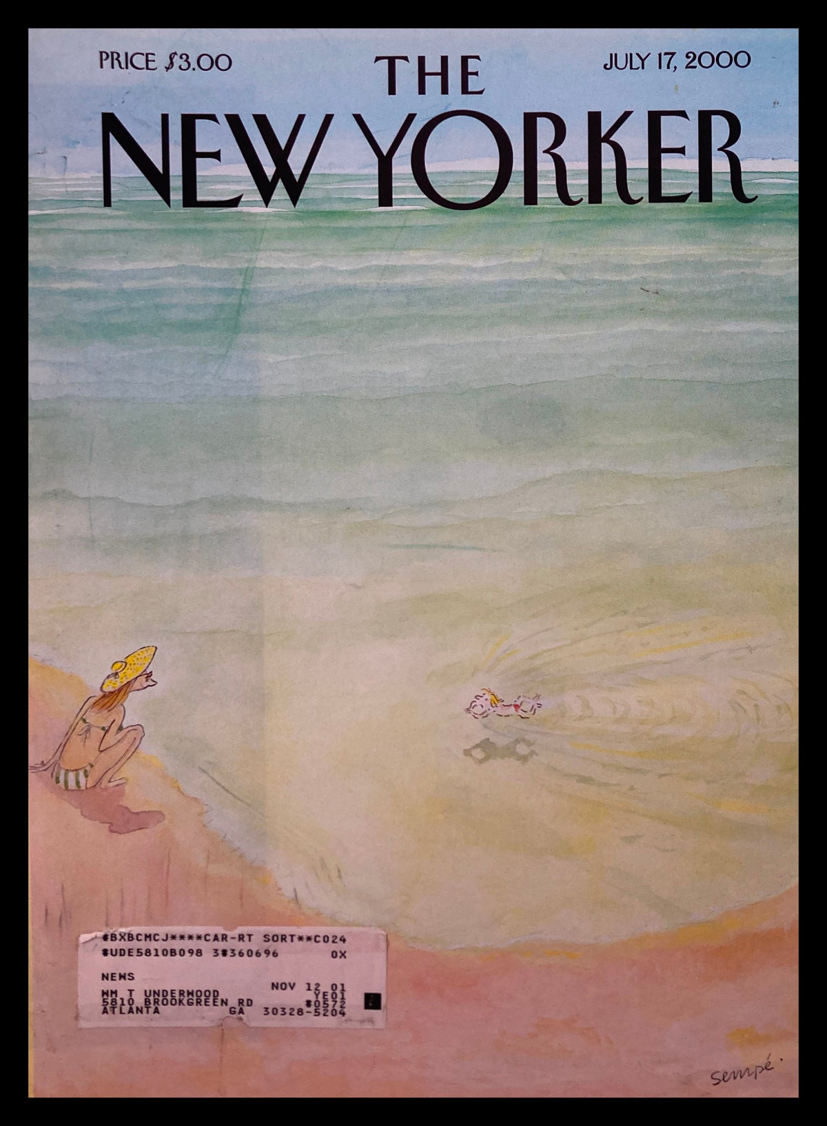 The New Yorker cover from July 17, 2000, titled 'Learning to Swim' by J. J. Sempé, featuring whimsical beach scene with a woman on the shore and a child swimming.