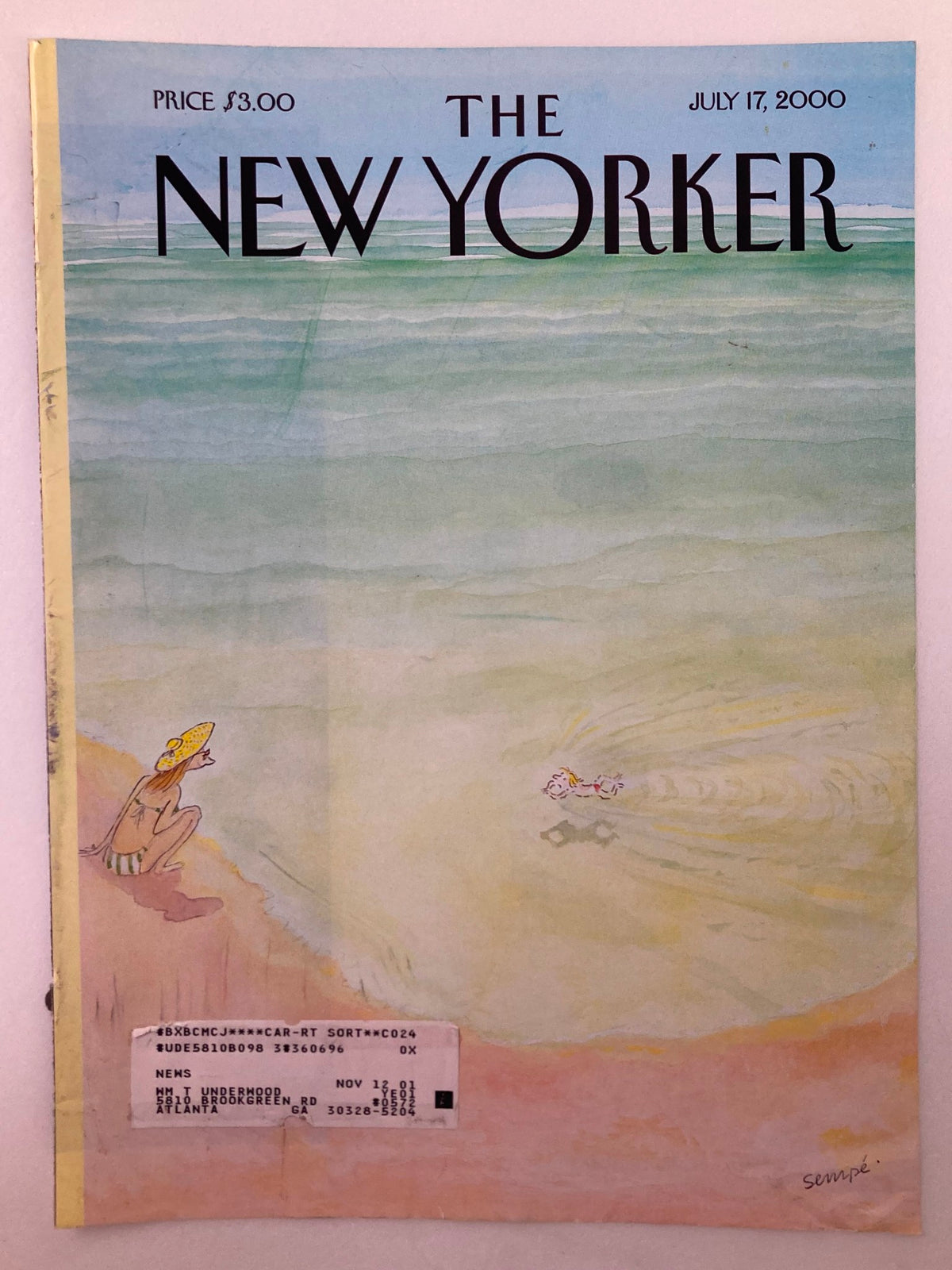 The New Yorker cover dated July 17, 2000, illustrated by J. J. Sempé, depicting a serene beach moment with a woman and child, capturing the essence of summer.