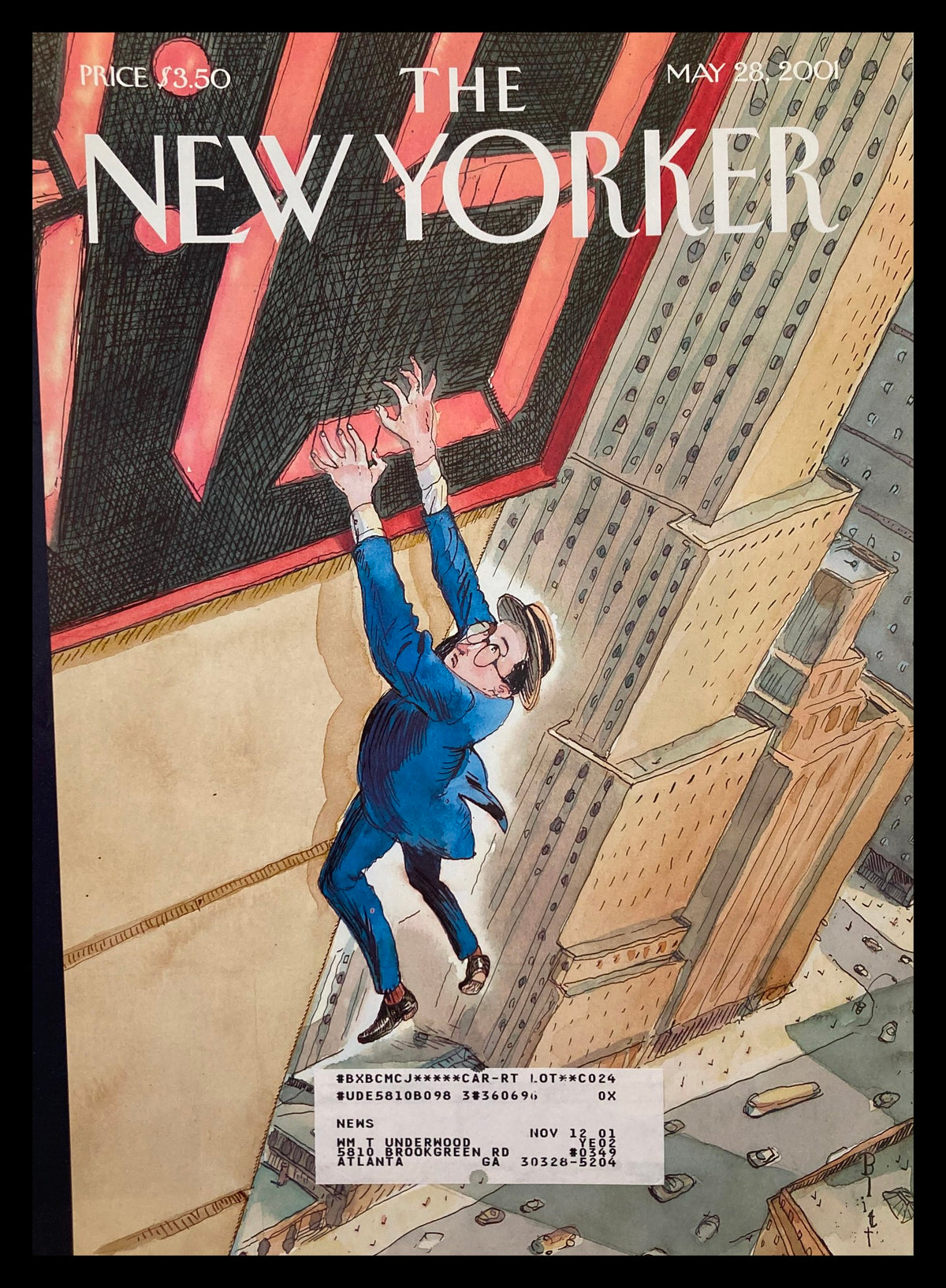 The New Yorker cover from May 28, 2001, titled 'Hanging On' by Barry Blitt, featuring a man in a suit dangling from a skyscraper, showcasing satirical artwork.